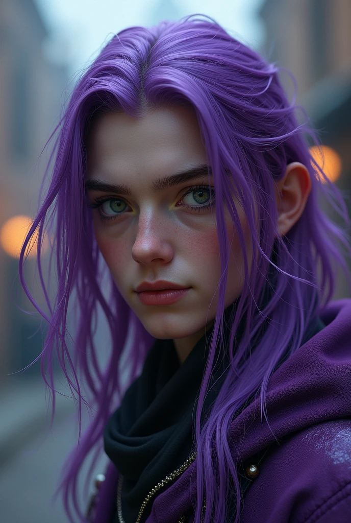 a young man with long purple hair, wearing medieval-style purple clothing, cyberpunk elements, green eyes, (best quality,4k,8k,highres,masterpiece:1.2),ultra-detailed,(realistic,photorealistic,photo-realistic:1.37),extremely detailed eyes and face,longeyelashes,purple hair,medieval fantasy clothing,cyberpunk aesthetic,green eyes,dramatic lighting,moody atmosphere
