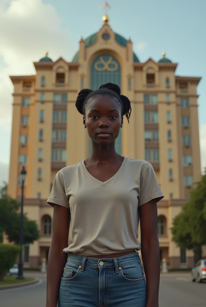 Black 2 liberian girl with a beautiful face and dressed casually in front of a 5 star hotel in Liberia