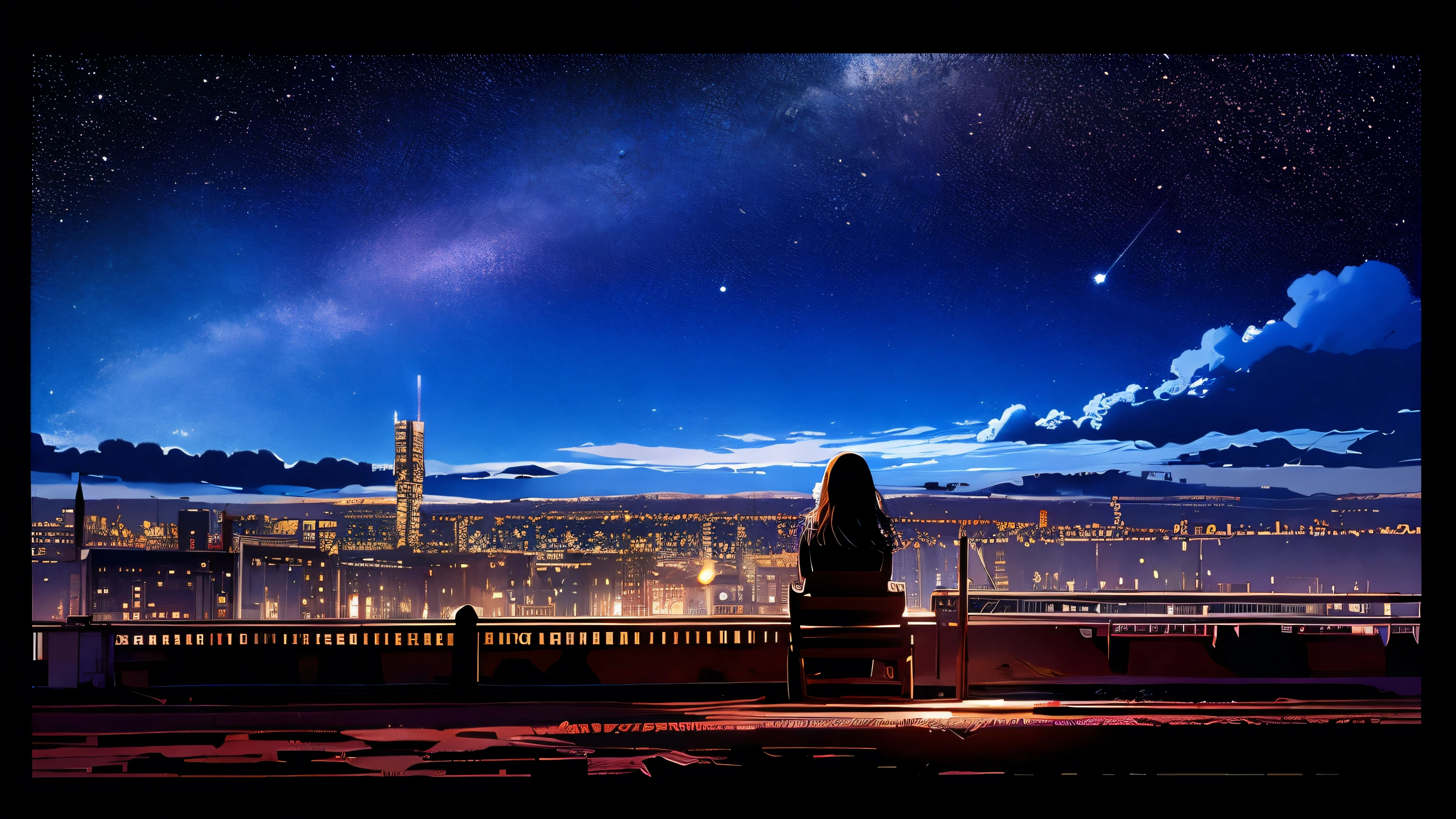 Arafed view of a woman sitting on a bench looking at the city - SeaArt AI