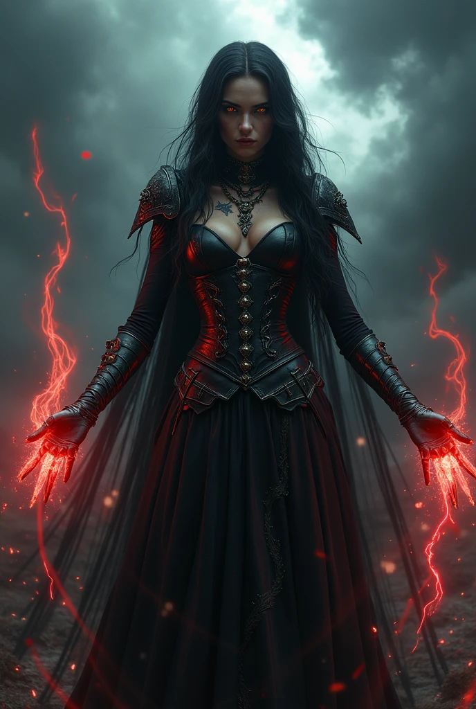 (photoralism:1.2), Very detailed, Ultra-high resolution, High Contrast, masterpiece, realistic, Hell stormy scene, pretty woman, golden eyes, black hair, frightening black dress with detailed armor, red magic from her hands, witch, ashen skin, evil, commanding, sinister expression, streaks on eyes, frightening necklace, evil tattoos, photograph