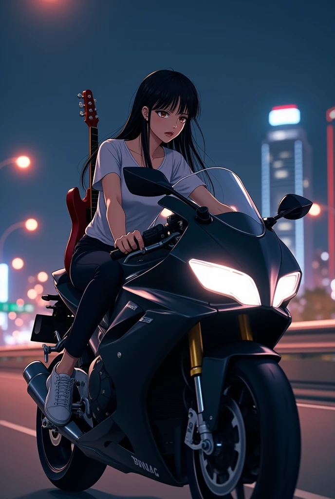 (anime:1.2), beautiful woman, crying, riding a black sport bike, carrying a electric guitar on her back, wearing t-shirt, black pants, long straight black hair, high way, city lights background, light skin, light brown eyes, pointed nose, side post, far angle.