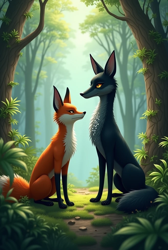 A fox and a black Jucumari with white spots on the chest in the forest
