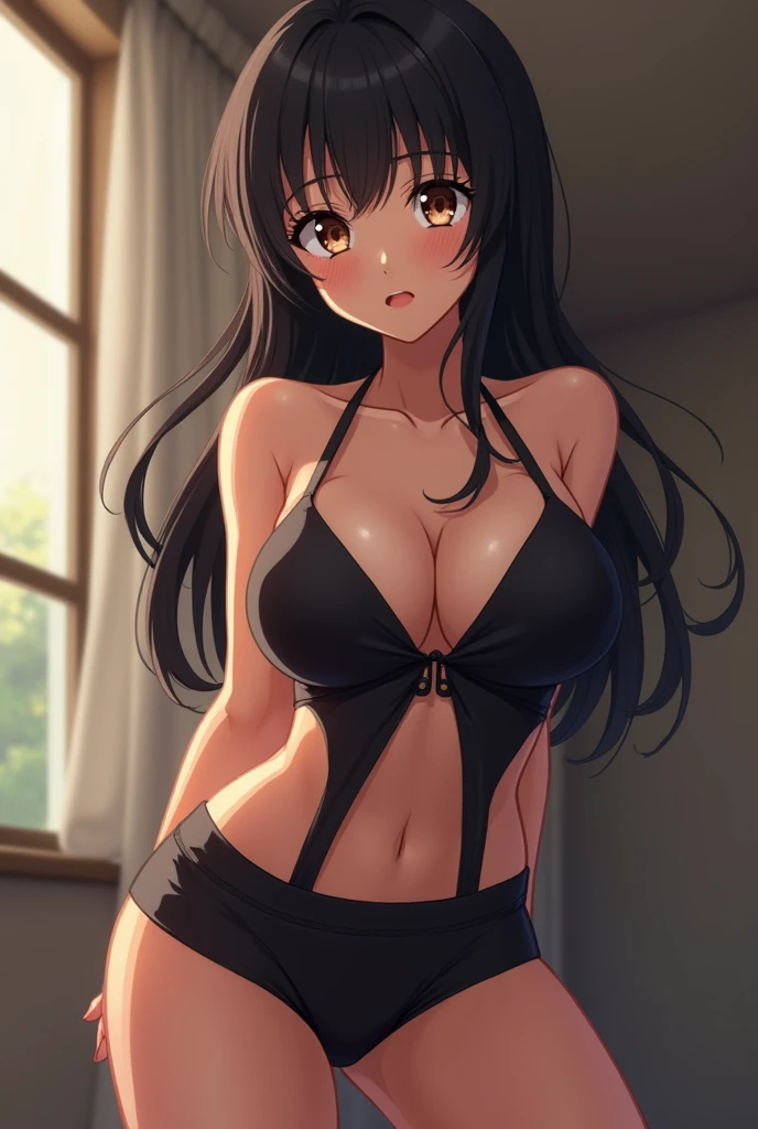 Give me the anime style image of a mother with a big ass and tits wearing tight black clothes and her vagina is noticeably wet and under me