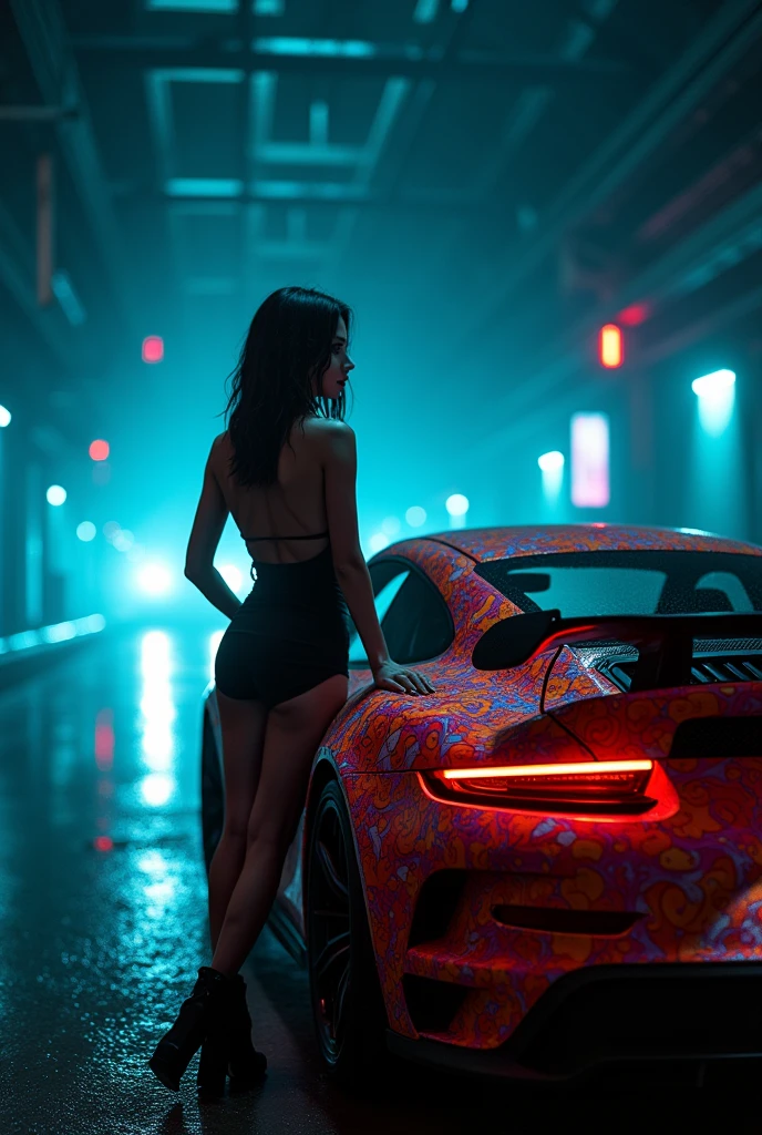 beneath the city's techno catacombs. A model stands beside a red patterned car, surrounded by blurred laser-lit darkness. Shot with sharp focus, eye-level angle, and cinematic sensuality.