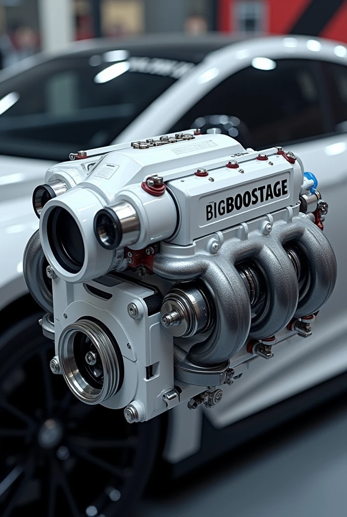 Create white Turbo engine with automobile background and on type a company name With big Text is BigBoostage in turbo shap.