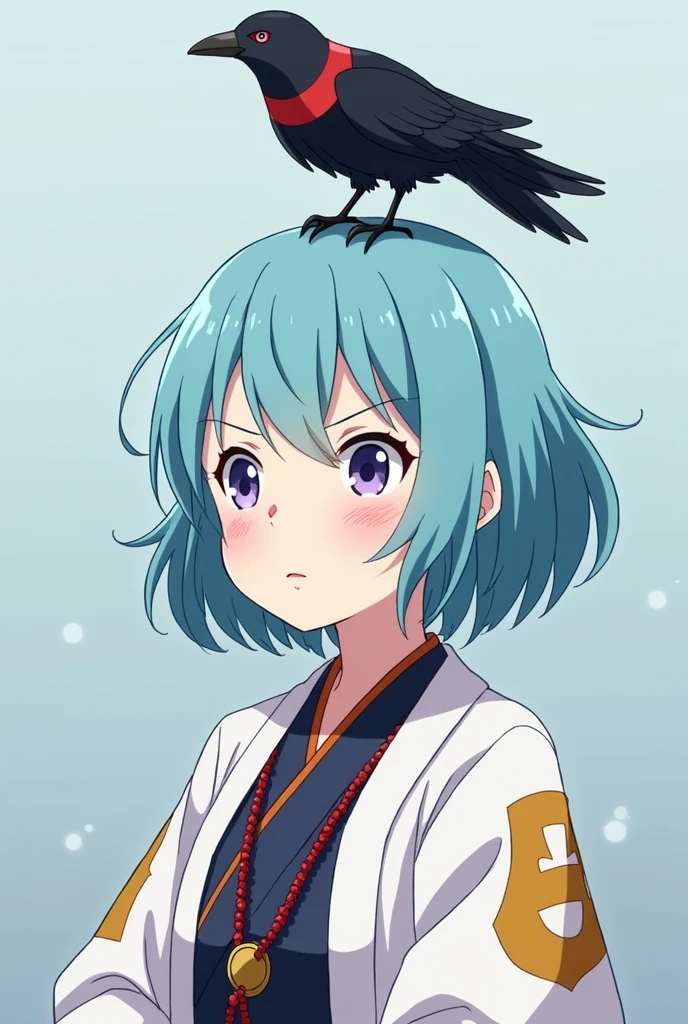 Make a girl with short sky blue hair wearing Tokito Muichiro's winged demon slayer uniform from kimetsu no yaiba (anime) talking calmly. The girl had a red necklace around her neck and a white ahori. A black crow sat on his head and just like the girl he had a red collar around his neck.