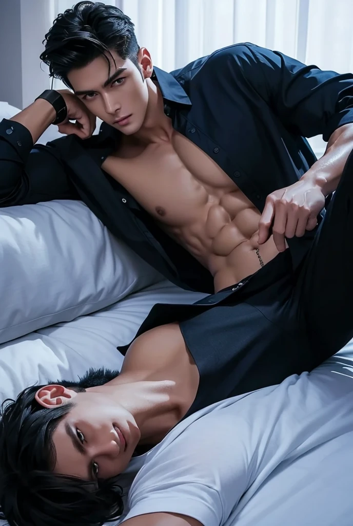 a tall handsome muscular young man, smooth skin, a hot glow in his skin, bright face, sexy gaze, sexy expression, sexy posture, wearing blue exquisite shirt and black pants, (open shirt showcasing chest and abs), lying down in the big bed, beautiful, gorgeous, wet, sensual, alluring, erotic,