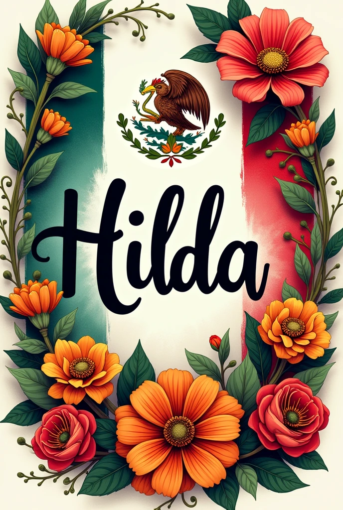 Word HILDA Mexican style, very Mexican with Mexican flag AND FLOWERS AND FEMININE MEXICO