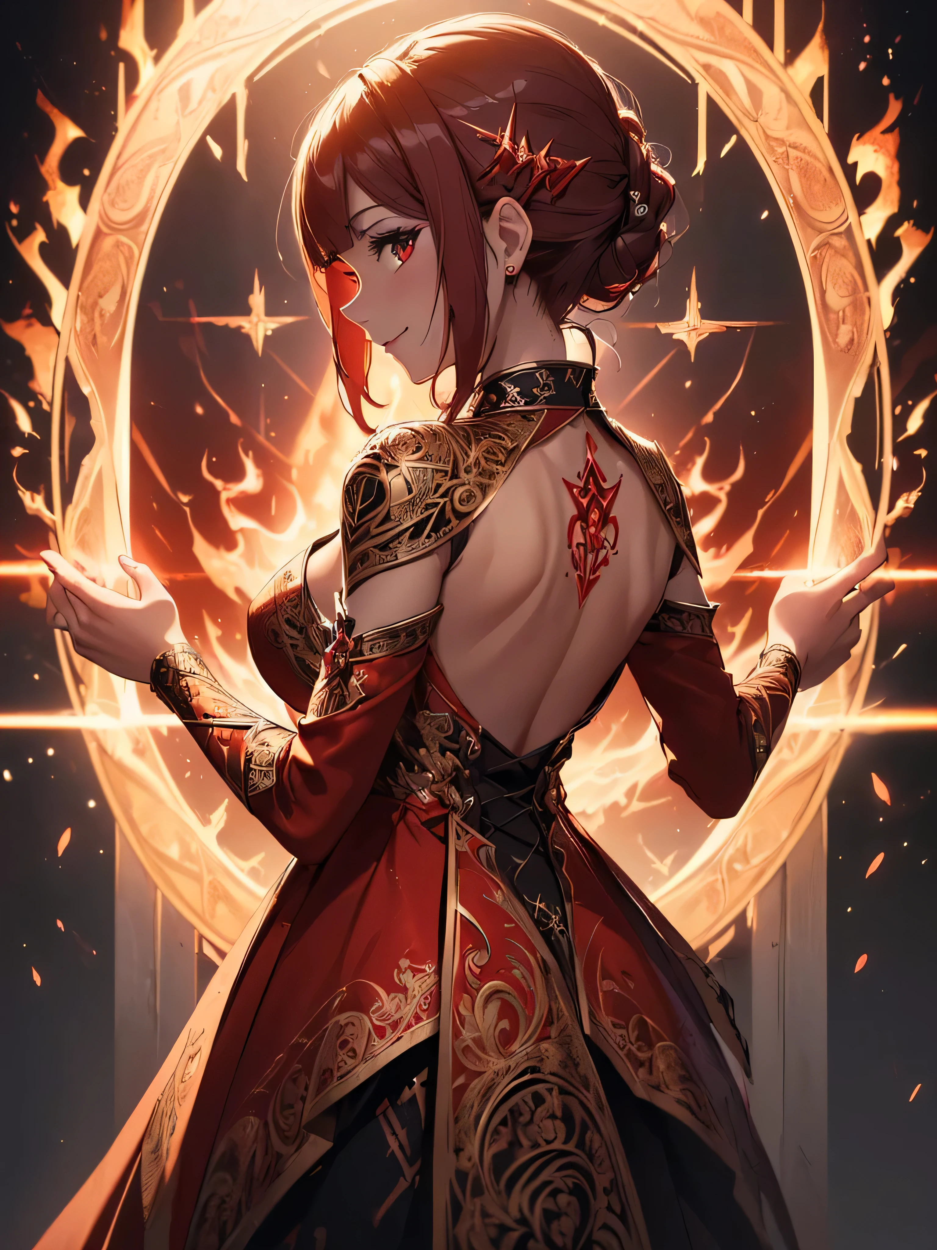 (((best quality, sharp image, clear image, cinematic lighting, 8k resolution, masterpiece, ultra detailed, intricate))) Girl, sorcerer, cute, intricate dress, smiling, fiery red, ((intricate background)), (rune frame), dimension, ((shot from behind)), fire sigils, chaotic background, ((half-body shot))