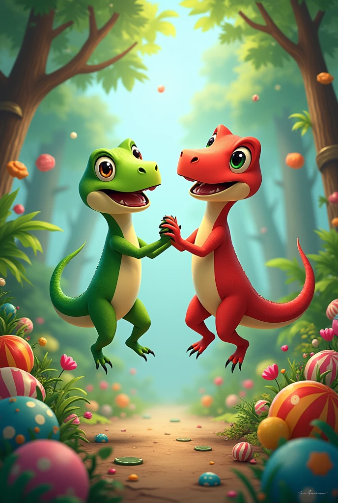  Lila the green lizard and Max the red velociraptor holding hands while jumping with candy and toys around them in the middle of the forest,happy and content 