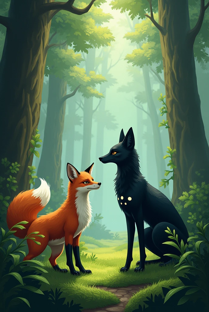 A fox and a black Jucumari with white spots on the chest in the forest 

