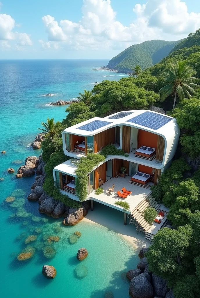 make a typhoon-proof hotel located in an island that consist 6 rooms with sepated balcony each overlooking the ocean. the rooms are not typical. it should be design aesthetically with a touch of nature and environment-sustainble. has a wide yard and a pool. uses solar panels. 
