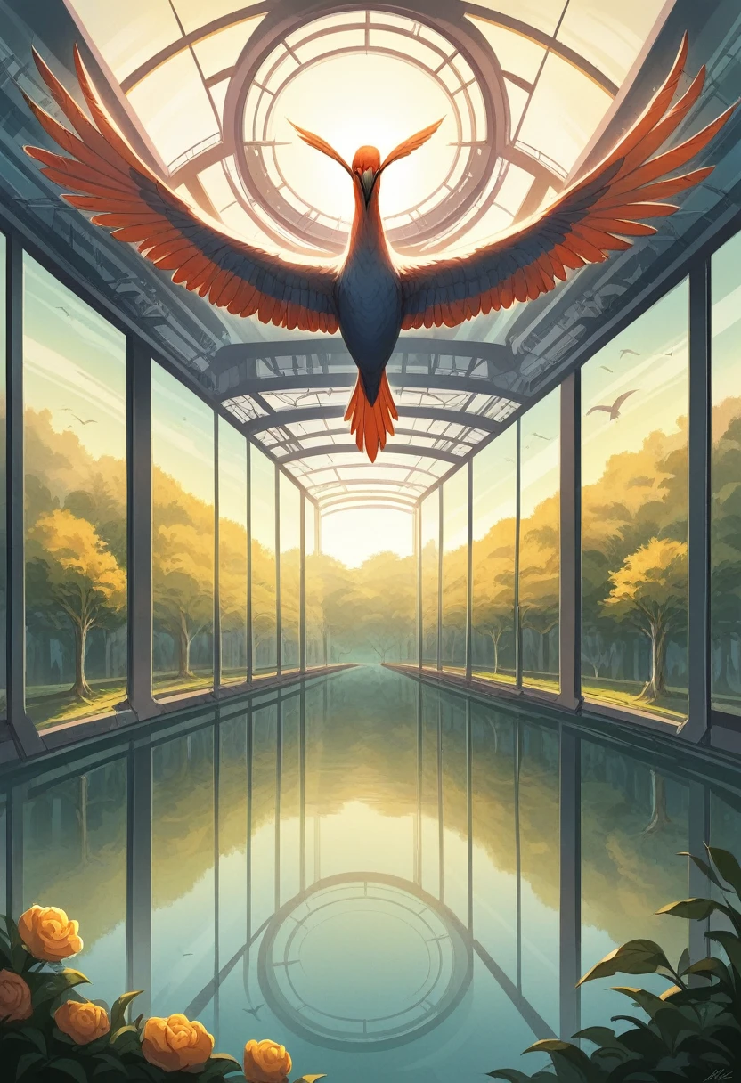 Hospital of the future with glass walls, lots of trees in the lake and flowers, birds flying, with a stream passing in the background, beautiful sun in the sky, Futurism, interior architecture, Social realism, god rays, reflection light, best quality, highres, award winning