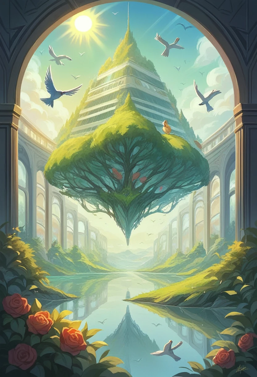 Hospital of the future with glass walls, lots of trees in the lake and flowers, birds flying, with a stream passing in the background, beautiful sun in the sky, Futurism, interior architecture, Social realism, god rays, reflection light, best quality, highres, award winning