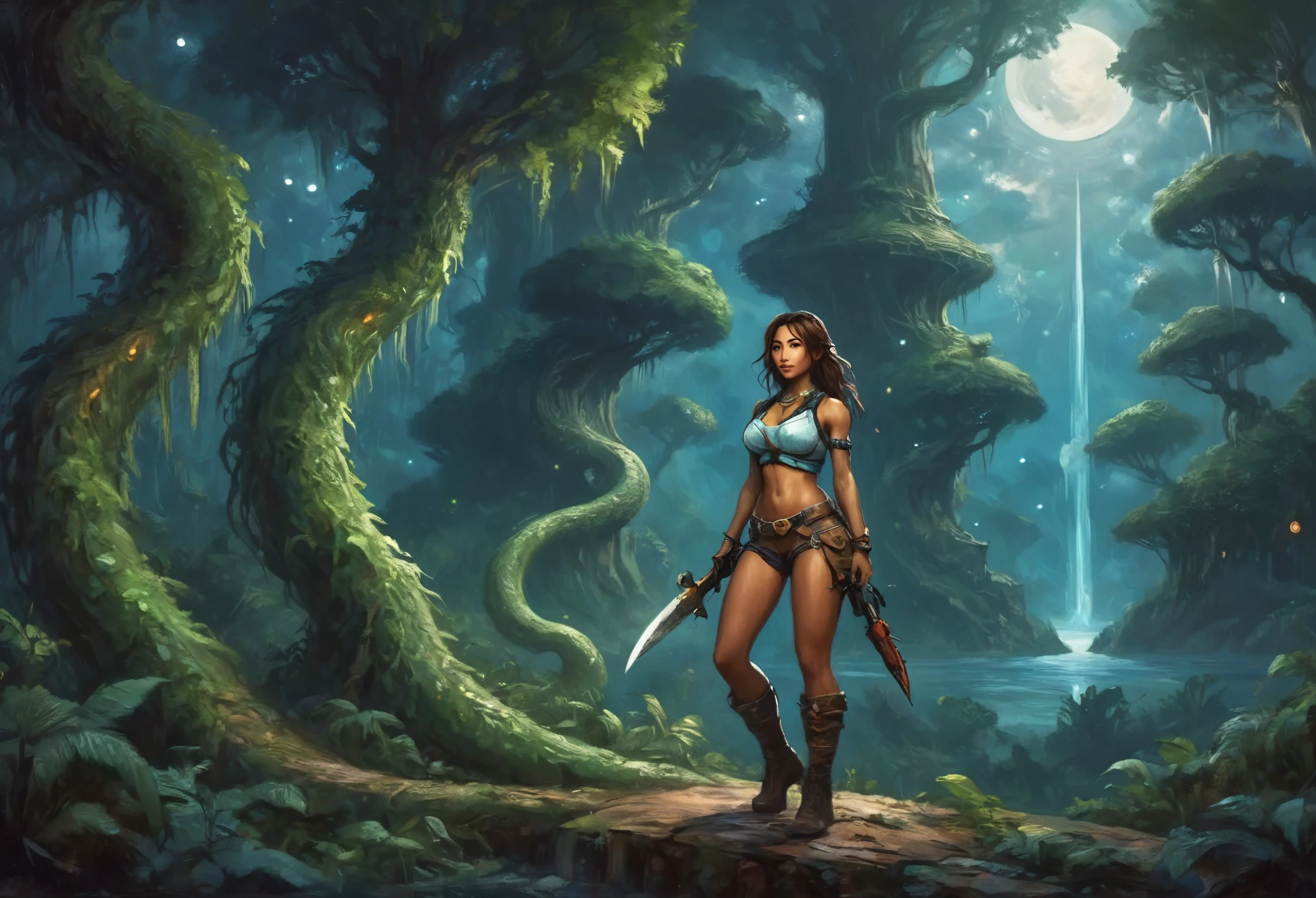 A adventurer woman (yuna, muscular, lean, sweaty, big butt, sexy explorer outfit) is using a machete to clear a path through a dense alien forest, tentacle vines reach from trees, she is carving a trail to an eldritch spire, 3 moons hang in the starry sky each a different color
