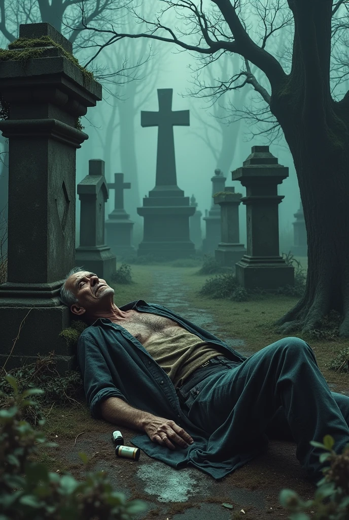 scary old drunk lying in a cemetery