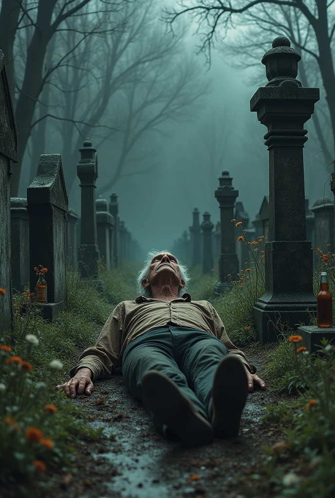 scary old drunk lying in a cemetery