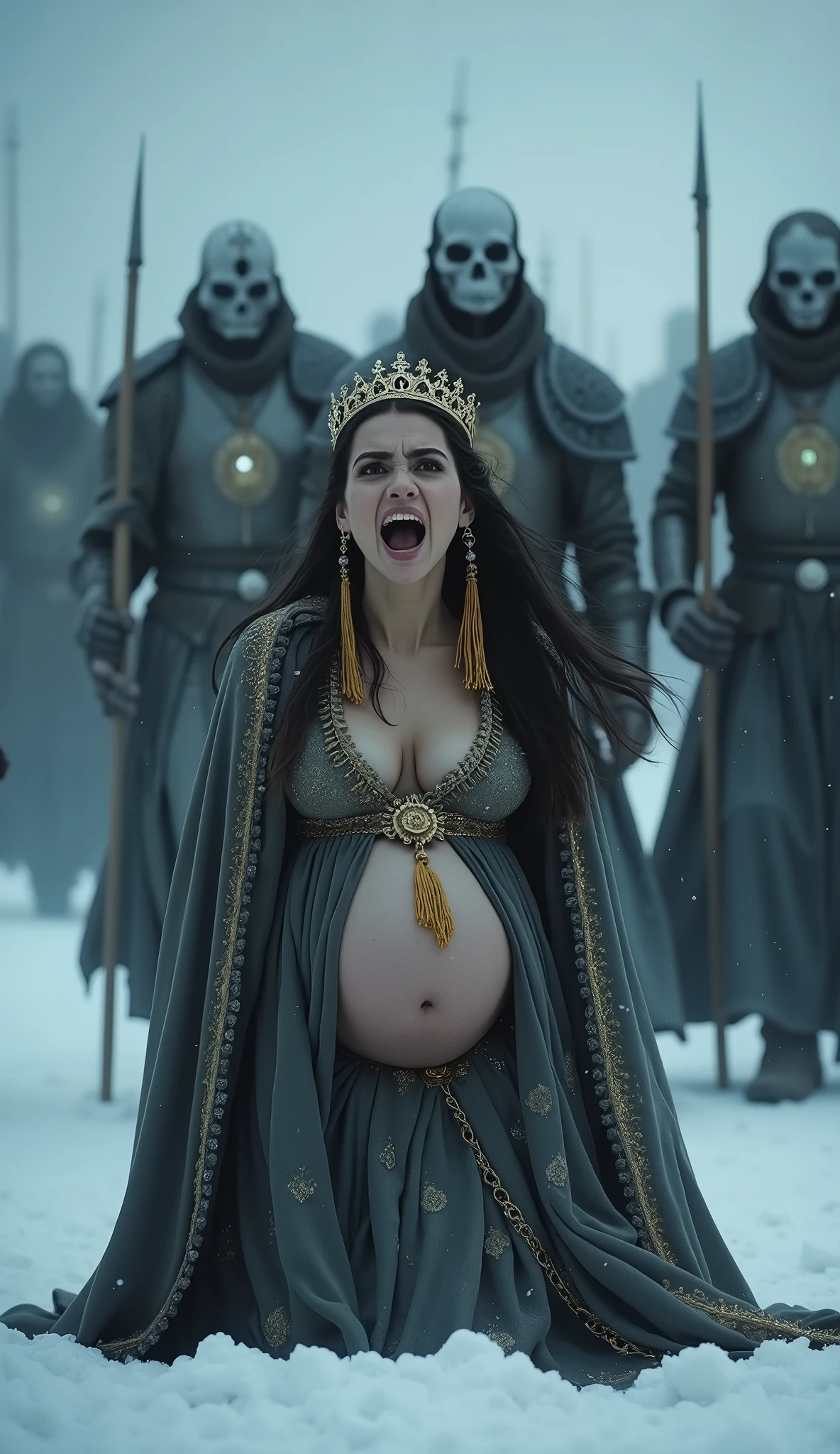 A 2 Turkish woman with dark hair and golden strands, wearing a crown and a dress reminiscent of Sansa Stark's style from Game of Thrones, is depicted with a terrified expression on her face. She is 5  pregnant, with her belly modestly covered. She is in a state of distress, screaming or crying out in fear, with wide, frightened eyes reflecting her dread of the impending danger. The scene is set in a “winter is coming” concept, featuring a cold, snowy, and dark atmosphere. In the background, ghostly figures with ice-blue glowing eyes and frost-covered skin can be seen advancing towards her. Their skeletal, imposing stature and ancient, otherworldly armor suggest an undead army, creating a sense of imminent peril. The pale, icy blue light adds to the dramatic and foreboding mood of the scene, with snow gently falling and enhancing the frozen, menacing ambiance.