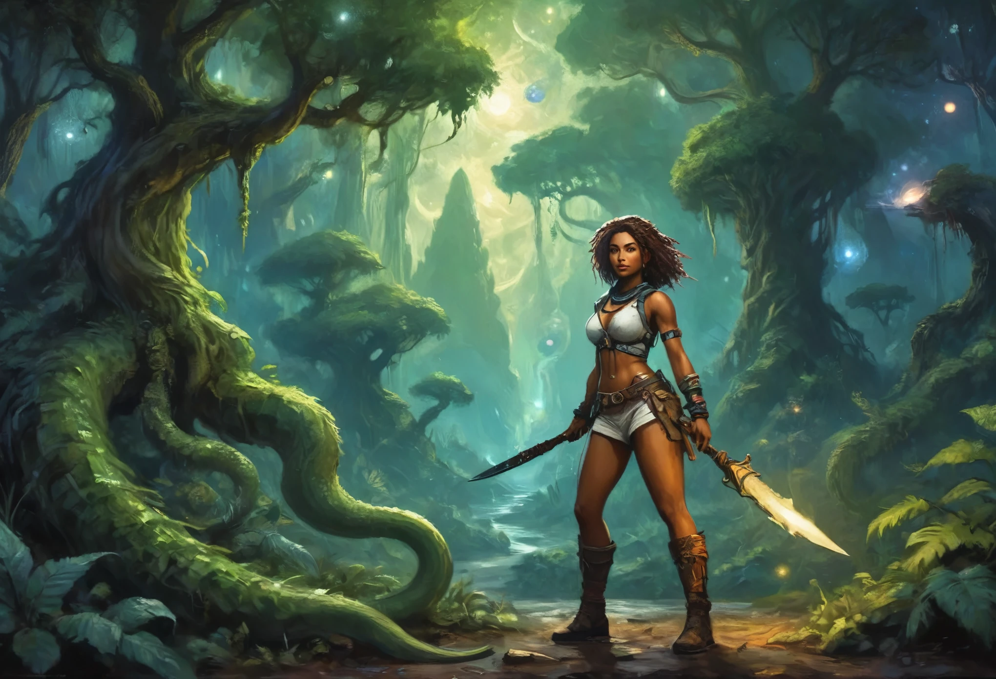 A adventurer woman (yuna, muscular, lean, sweaty, big butt, sexy explorer outfit) is using a machete to clear a path through a dense alien forest, tentacle vines reach from trees, she is carving a trail to an eldritch spire, 3 moons hang in the starry sky each a different color