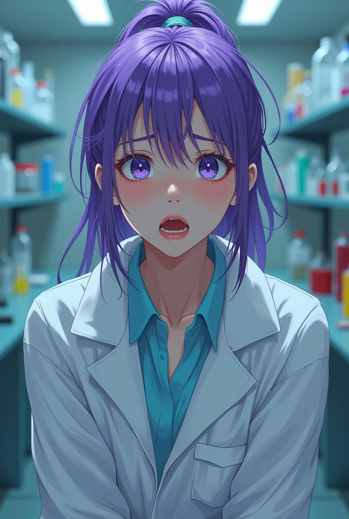 A high resolution,HighestQuali,illustratio,ultra detali,(Detailed face),(Detailed eyes),cinmatic lighting,best quailty,ultra detali,tmasterpiece,Fine lines,1girlhugebreasts,独奏,purple color hair,Purple eye,White coat,Pink shirt,jewelry,choker necklace,gloweyes,llight rays,(a color),Upper body body,inside room,