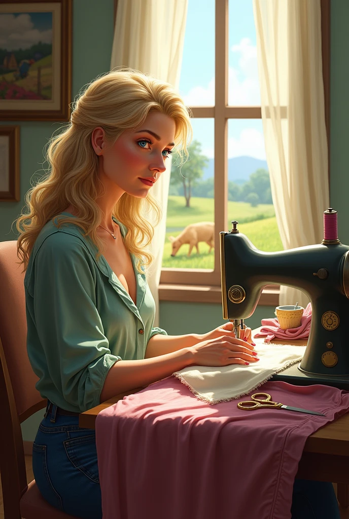 Tall blonde woman 50 years old long hair blue eyes sewing sewing machine many fabrics scissors and window with yellow dog