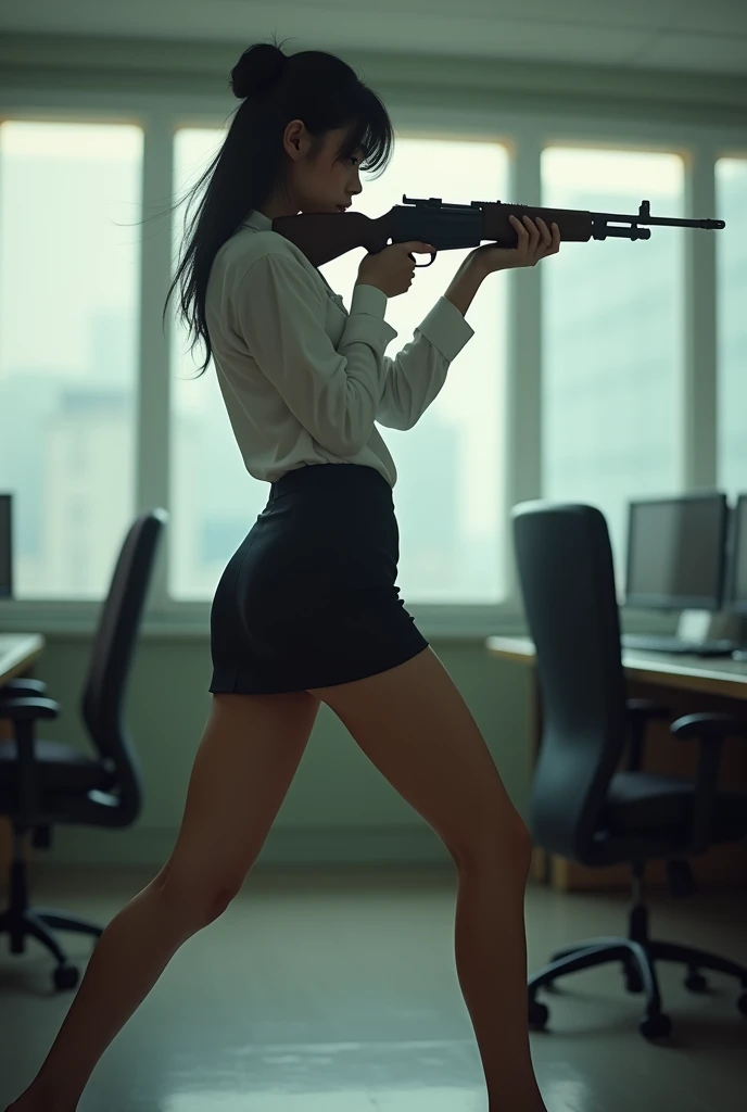beautiful chinese flight stewardess mini skirt white shirt realistic long machine gun toting real person legs spread apart standing rampage shooting side target facing