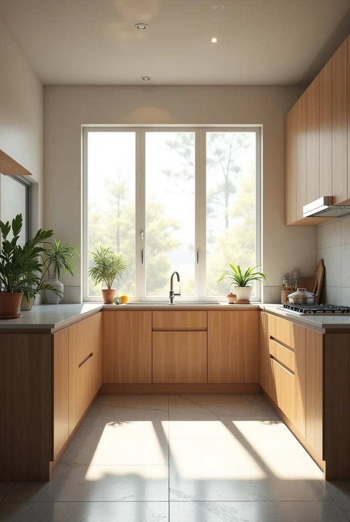 cozinha iluminada , Modern , minimalistic ,with bright window, realistic physics rendering, detailed archivision render, Gray floor,Brazilian Northeast ,home kitchen on a sunny day, archivision, vray 8k rendering, award winning rendering, renderizado em corona, vray 8k rendering, render vray, Wooden cabinets, vray 4k render, vray rendered