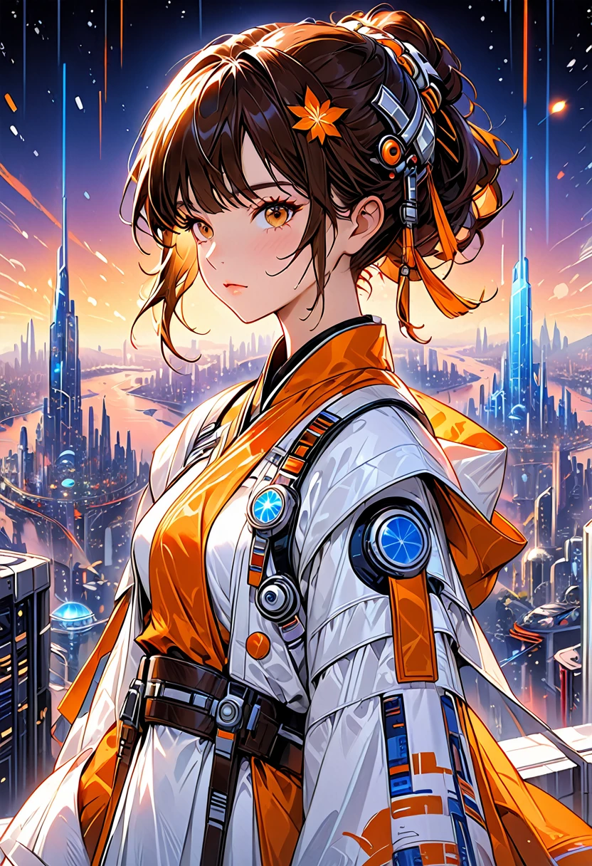 fluorescent horizon, digital brush strokes Shadow art, digital illustration, comic style, realistic shadows, depth of field, bokeh, 1 girl, adult () woman, amber eyes, dark brown wedge cut hair, solo, from front, front view, (full body:0.6), (closed eyes:1.1), detailed background, detailed face, semi-realistic anime-style young near-human males and females from Coruscant in Star Wars, dressed in trendy futuristic sci-fi otherworldly high-society event attire with a detailed and defined exotic Coruscant skyline background, featuring hairstyles matching Coruscant fashion trends, in a photorealistic look, with futuristic accessories
