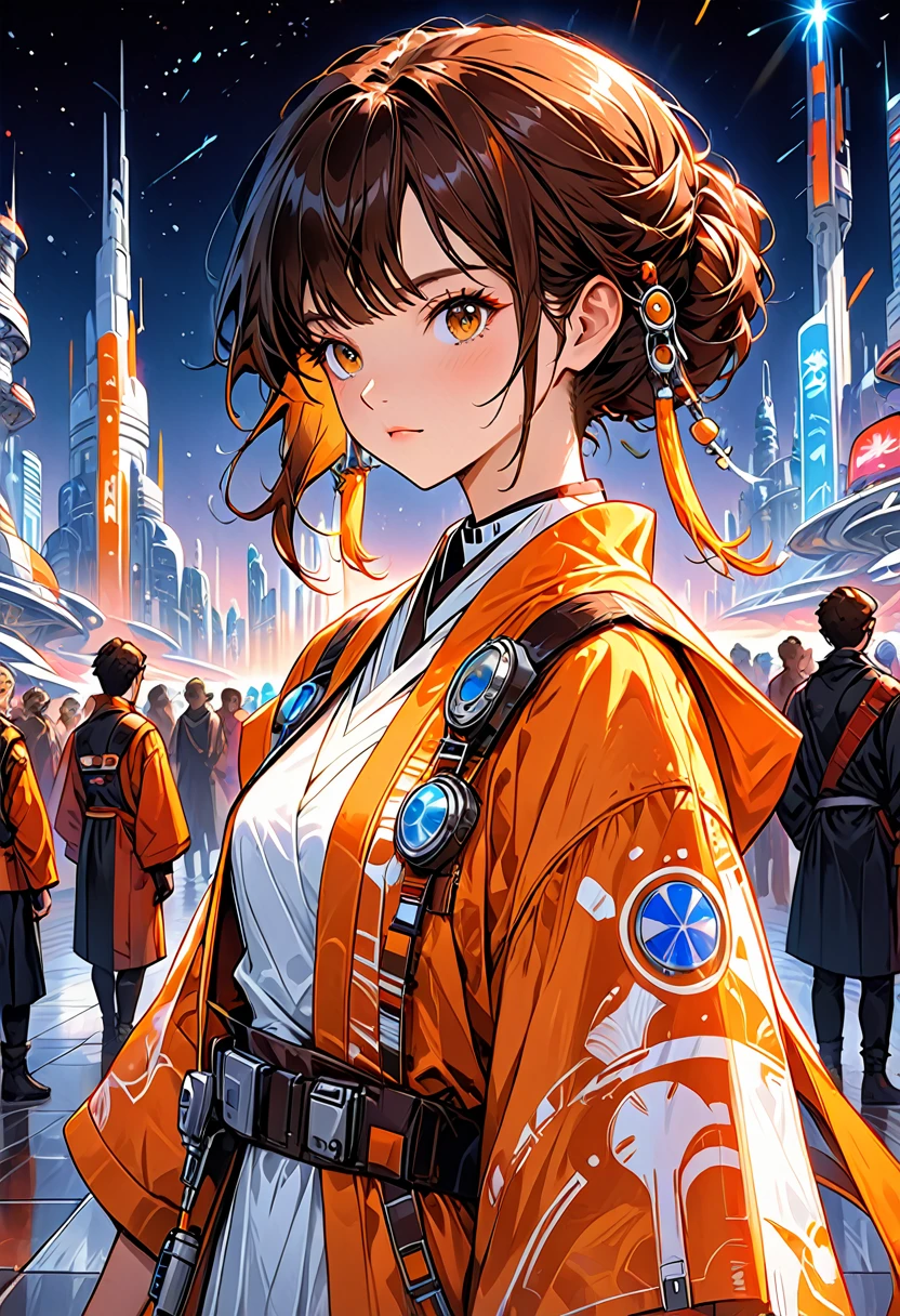 fluorescent horizon, digital brush strokes Shadow art, digital illustration, comic style, realistic shadows, depth of field, bokeh, 1 girl, adult () woman, amber eyes, dark brown wedge cut hair, solo, from front, front view, (full body:0.6), (closed eyes:1.1), detailed background, detailed face, semi-realistic anime-style young near-human males and females from Coruscant in Star Wars, dressed in trendy futuristic sci-fi otherworldly high-society event attire with a detailed and defined exotic Coruscant skyline background, featuring hairstyles matching Coruscant fashion trends, in a photorealistic look, with futuristic accessories