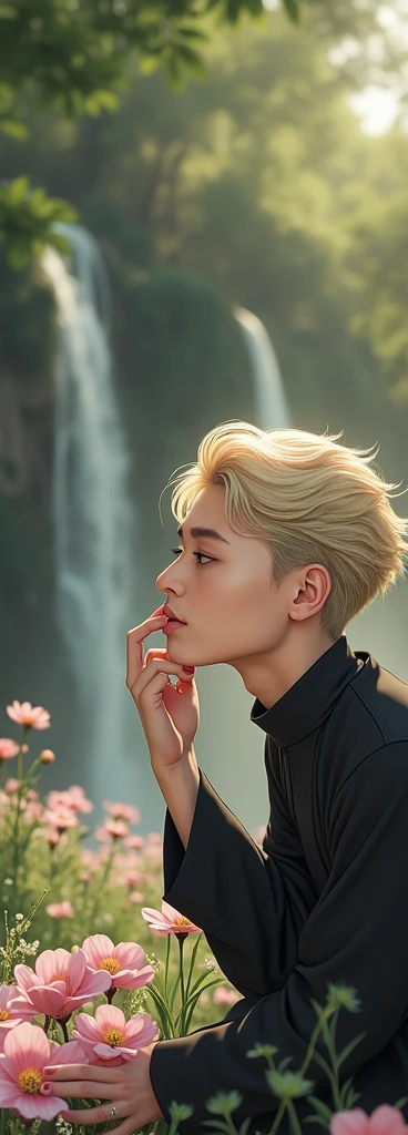 (absurdres, highres, ultra detailed), (cinematic), (UHD), solo, 1man, mature, happy, upper body, blonde short hair, fantasy, spring, garden, closed mouth, (cinematic, best quality, UHD), ((official art)), ((pop art))profile, simple hut, detailed face, (extremely detailed eyes), naruto uzumaki, ((nobility)), (((prince black attire))), emperor, duke, She is asian hijab girl. masturbating. her hand is on her vagina. surrounded by naked forest with a waterfall. high quality. Not miss legs