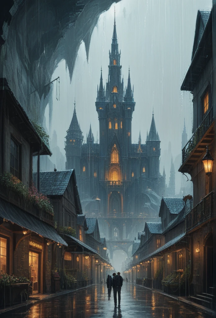 score_9, score_8_up, score_7_up, a fantasy city built within a vast cave, sleek glass buildings, elegant walkways between towers, illustration, raining, dark and moody lighting, digital art, oil painting, fantasy, 8 k, trending on artstation, detailed