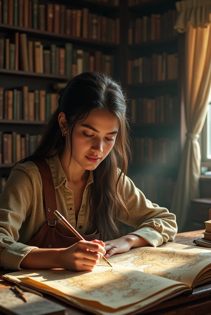 Mariana in a library: "A young woman sitting in a cozy library, surrounded by shelves full of books. She is studying old travel maps, with a concentrated expression, while writing down plans in a notebook. The lighting is soft, creating a peaceful and inspiring environment