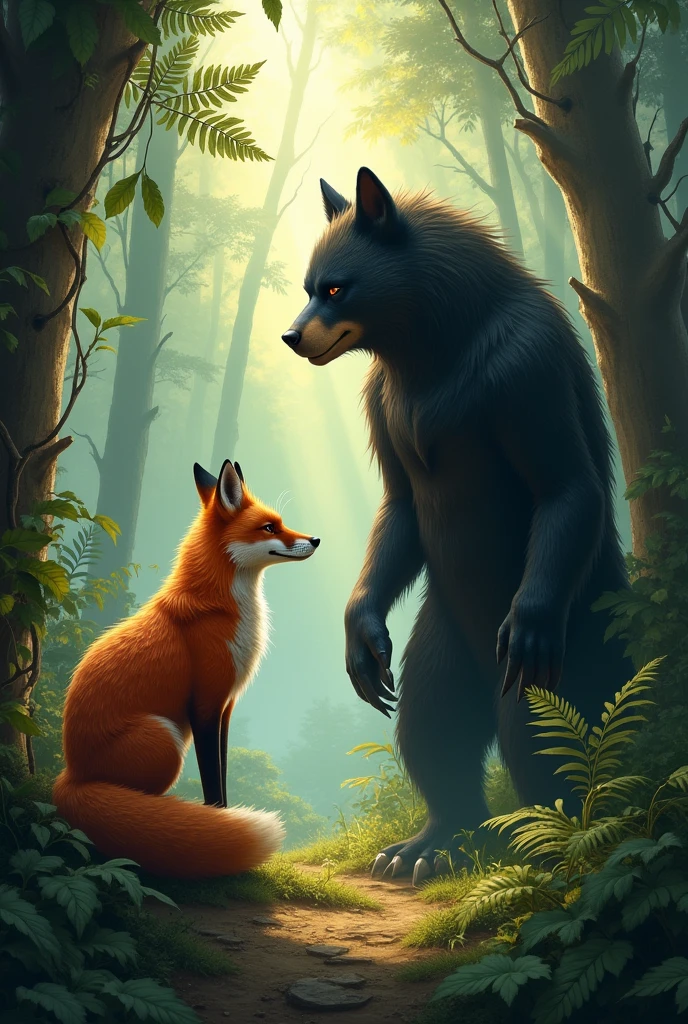 A fox and a black Jucumari in the forest