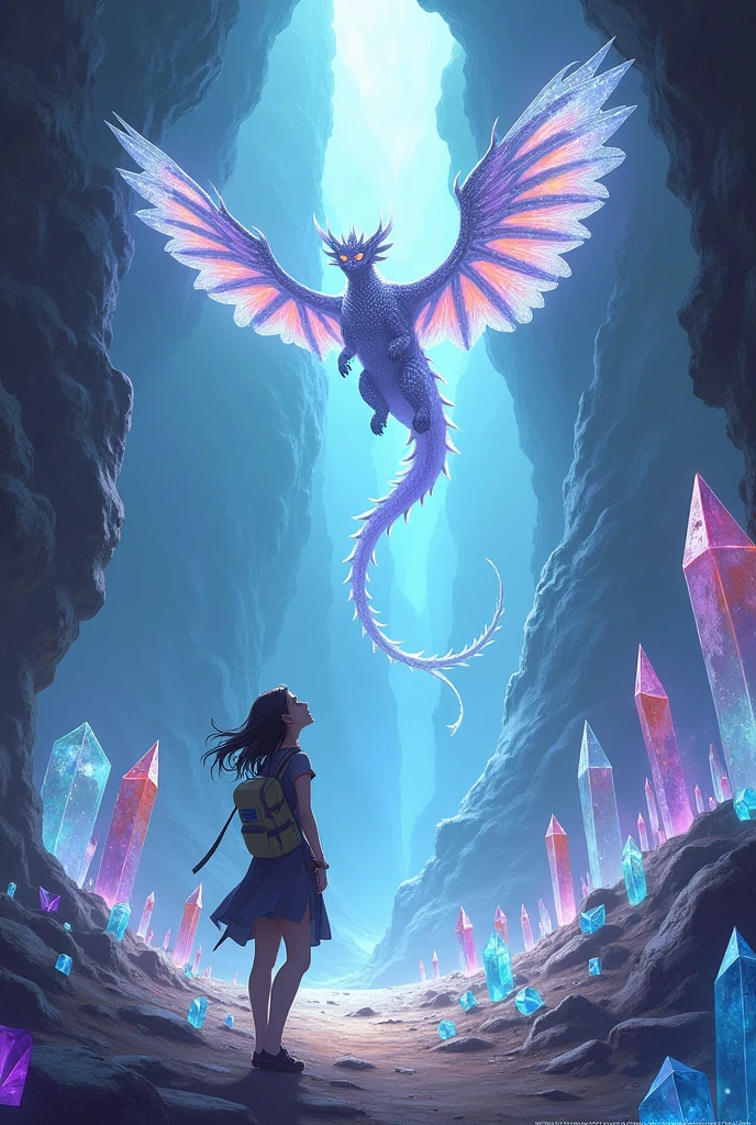 Adamancipator researcher , woman, Crystal Stones,cave, Crystal stine dragon with Giant wings ,flying