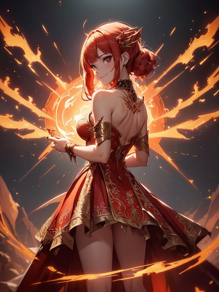 (((best quality, sharp image, clear image, cinematic lighting, 8k resolution, masterpiece, ultra detailed, intricate))) Girl, sorcerer, cute, intricate dress, smiling, fiery red, ((intricate background)), (rune frame), dimension, ((shot from behind)), fire sigils, chaotic background, ((half-body shot))