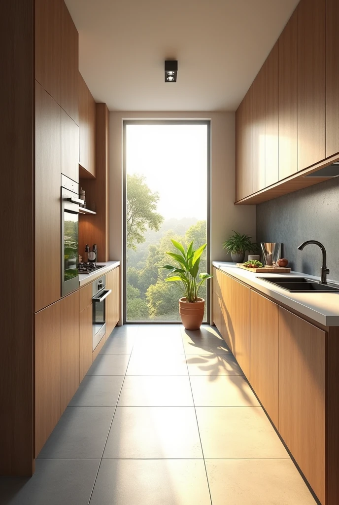 cozinha iluminada , Modern , minimalistic ,with bright window, realistic physics rendering, detailed archivision render, Gray floor,Brazilian Northeast ,home kitchen on a sunny day, archivision, vray 8k rendering, award winning rendering, renderizado em corona, vray 8k rendering, render vray, Wooden cabinets, vray 4k render, vray rendered