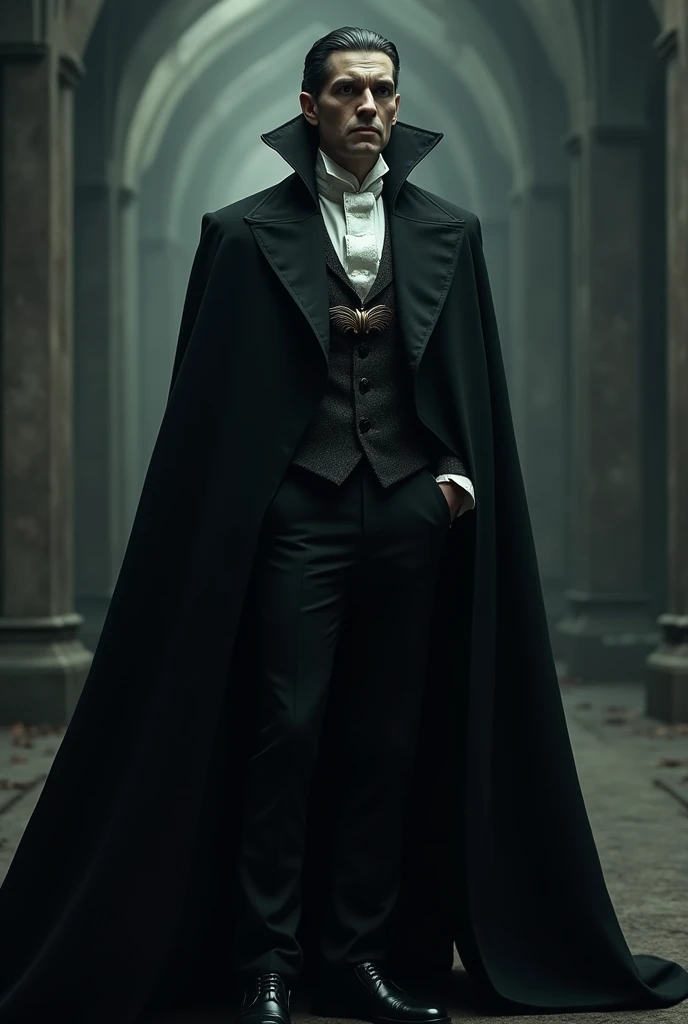 Dracula wearing Victorian style clothing with a long black coat and on top of his coat with a long black cape attached by a bat-shaped brooch