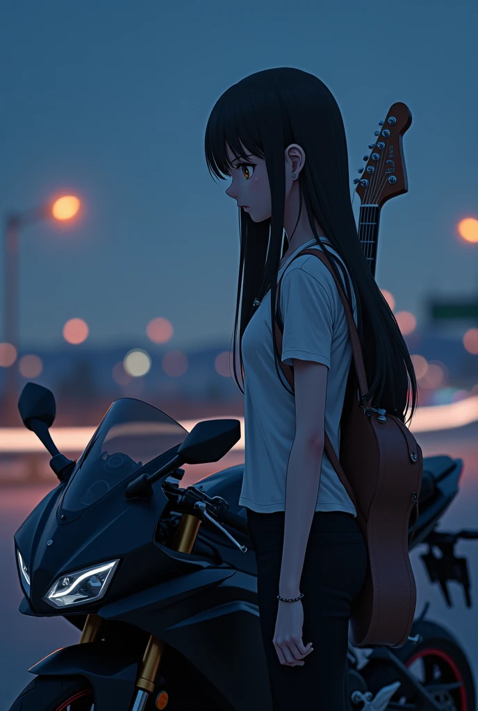 (anime:1.2), beautiful woman, crying, standing next to a black sport bike, carrying a electric guitar on her back, wearing t-shirt, black pants, long straight black hair, high way, city lights background, light skin, light brown eyes, pointed nose, side post, far angle. 