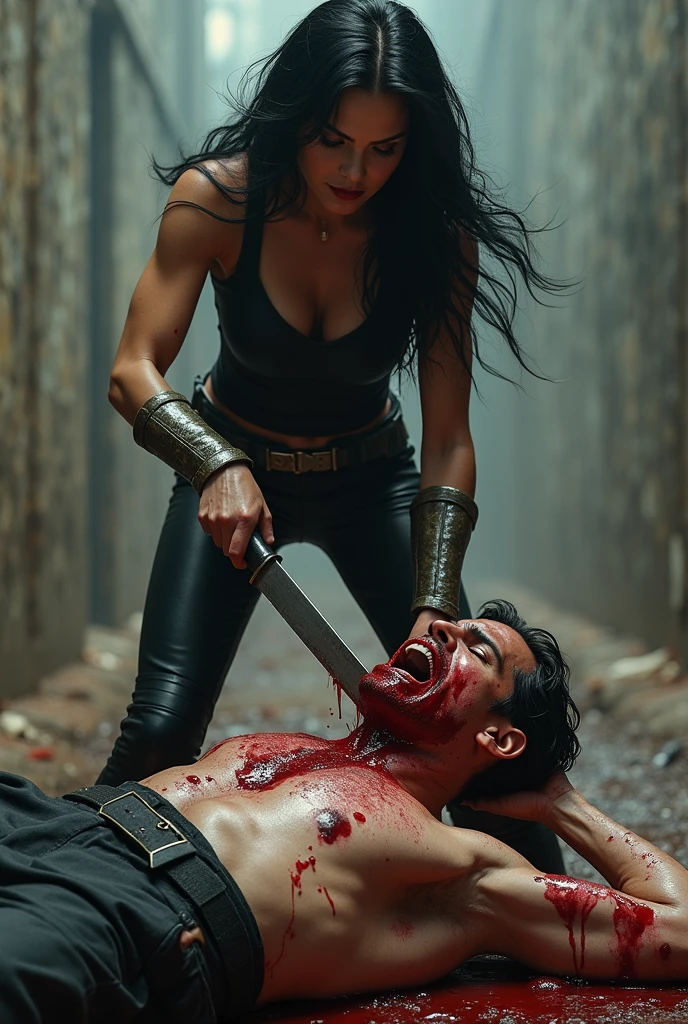 Realistic, A very beautiful executioner superheroine girl knife, cut throat A boy prisoner blindfold neck bloody splashed, full body, wide open throat, throat contents