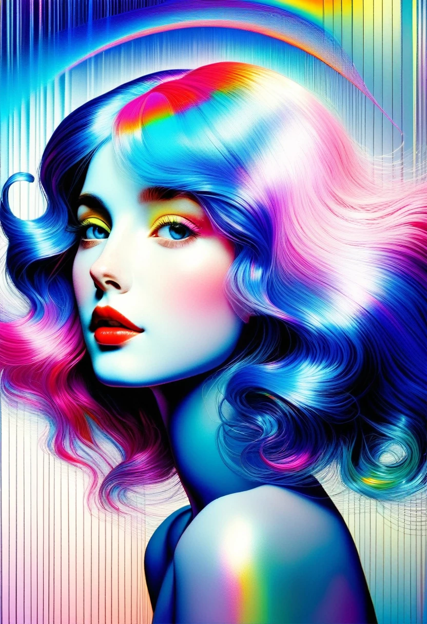 1 girl, (iridescent hair, colorful hair, half blue and half pink hair: 1.2),  ((The glitch effect)) ((Marc Chagall style)), magic naive art, primitivism, protogen, ((best quality, Masterpiece)), ((Highest detail)), RAW:1,1, 8k