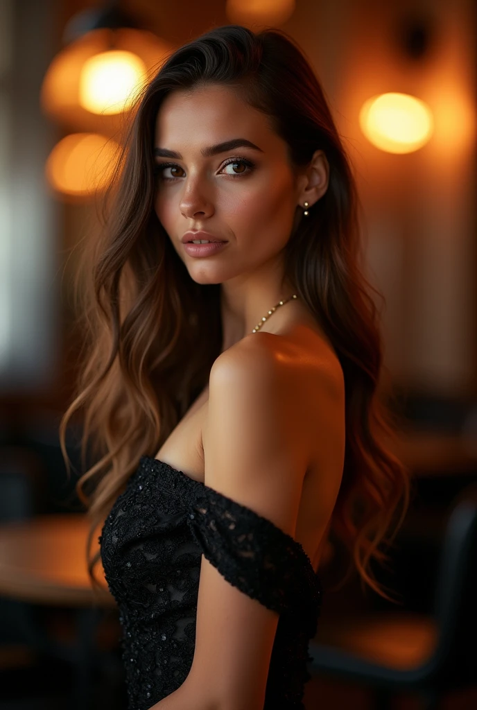 Arafed woman in evening dress, night club, sexy girl with brown eyes, Retrato Sophie Mudd, brown hair and large eyes, selfie of a young woman, Olhos do quarto, no-makeup, Make-up natural, looking directly at the camera, guy with artgram, subtle makeup, Stunning full body photo,