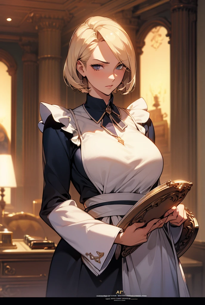 tmasterpiece, High resolution, ultra detailed: 1.0), 1 girl, young and beautiful women, eyes looking at the camera, perfect female body (good anatomy), Extremely detailed CG, unity 8k wallpaper, complicated details, lonely person (short ash blonde hair) , maid clothes, serious expression, short hair, big breasts, maid dress), luxurious living room, Gothic style, Tray in hand, dark night, portrait, color difference, depth of field, dramatic shadow, ray tracing, Best Quality, cinematic lighting, official art.