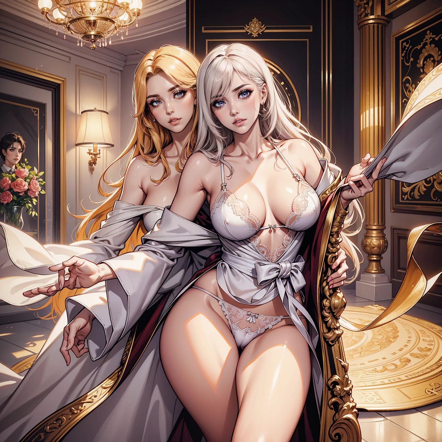 Masterpiece, best quality, 4k, Insanely Definition, uncensored, rating explicit, full body, (looking at viewer), fullbody view,((erotic posing)),Dynamic posing,Arrange pose,dramatic,cinematic,detailed background,dynamic angle,Hard NSFW,Top quality work,Photorealistic works,Ultra Premium Graphics,8K HD CG works,High-quality graphics,High-definition fine CG works,超A high resolution、Show Legs,close-up all over the body,10x pixel,Ultra-fine details:1.1,Advanced technical details:1.1Photographically realistic,Indoor lighting effects:1.5,Natural light:1.5. light effect(Virtual Light Effects:1.8),超A high resolution,Transparent hair,High Detail Hair(Premium Hair Detail:1.1)Clear eyes,Good looking double eyelids,Sharp eye makeup, Delicate makeup for eyelashes, Thin eyebrows, ultradetailed eyes,lovely red lips, Rose cheeks, Face with delicate makeup , Pretty Face, A perfectly proportioned face,(Advanced facial details:1.1,stiletto heelitts,Authentic dress works,In the banquet hall,Women's Artwork,full-body view,Realism,overall look is very erotic, amazing,Large round chest、Beautiful eye details、Very slender eyes、Beautiful eyelashes、beautiful double eyelid, creamy silk robe, lace white bra and panties, (((silk robe lift, Panties are visible)))