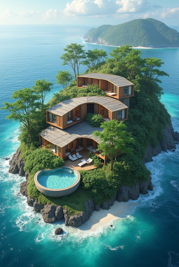 make a typhoon-proof hotel located in an island that consist 6 rooms with sepated balcony each overlooking the ocean. the rooms are not typical. it should be design aesthetically with a touch of nature and environment-sustainble. has a wide yard and a pool. uses solar panels. also with a function hall consist a small kiosk for handcrafted souvenir items and a mini bar.
