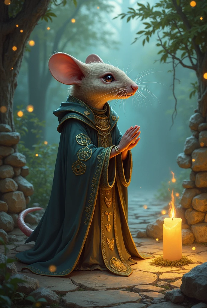 Une Ratfolk dans le style de Pathfinder de la classe des prêtres avec pour d'iviniter Desna entrain de prier 