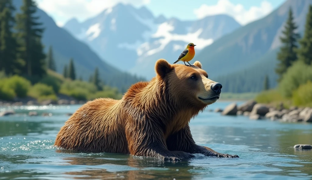 A big brown bear is sitting and bathing in a deep river in the wild summer wilderness, a cute and charming bird perched on its head, very beautiful and sparkling water on the surface, Crystal clear water, gravel on the bottom of the river, Beautiful alpine mountains in the distance, realistic photo