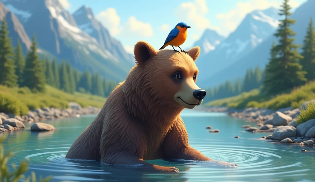 A big brown bear is sitting and bathing in a deep river in the wild summer wilderness, a cute and charming bird perched on its head, very beautiful and sparkling water on the surface, Crystal clear water, gravel on the bottom of the river, Beautiful alpine mountains in the distance, realistic photo