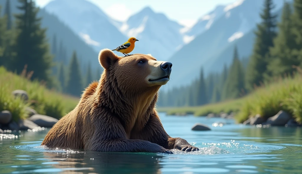 A big brown bear is sitting and bathing in a deep river in the wild summer wilderness, a cute and charming bird perched on its head, very beautiful and sparkling water on the surface, Crystal clear water, gravel on the bottom of the river, Beautiful alpine mountains in the distance, realistic photo