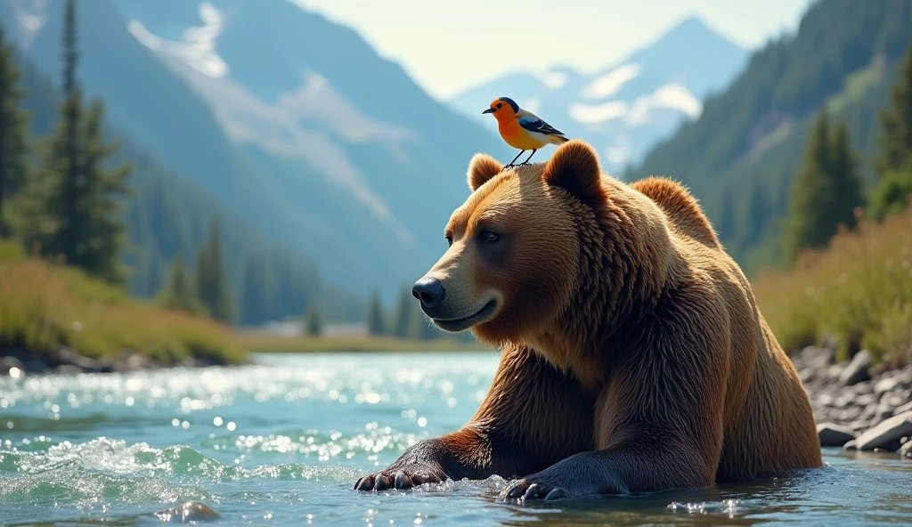 A big brown bear is sitting and bathing in a deep river in the wild summer wilderness, a cute and charming bird perched on its head, very beautiful and sparkling water on the surface, Crystal clear water, gravel on the bottom of the river, Beautiful alpine mountains in the distance, realistic photo