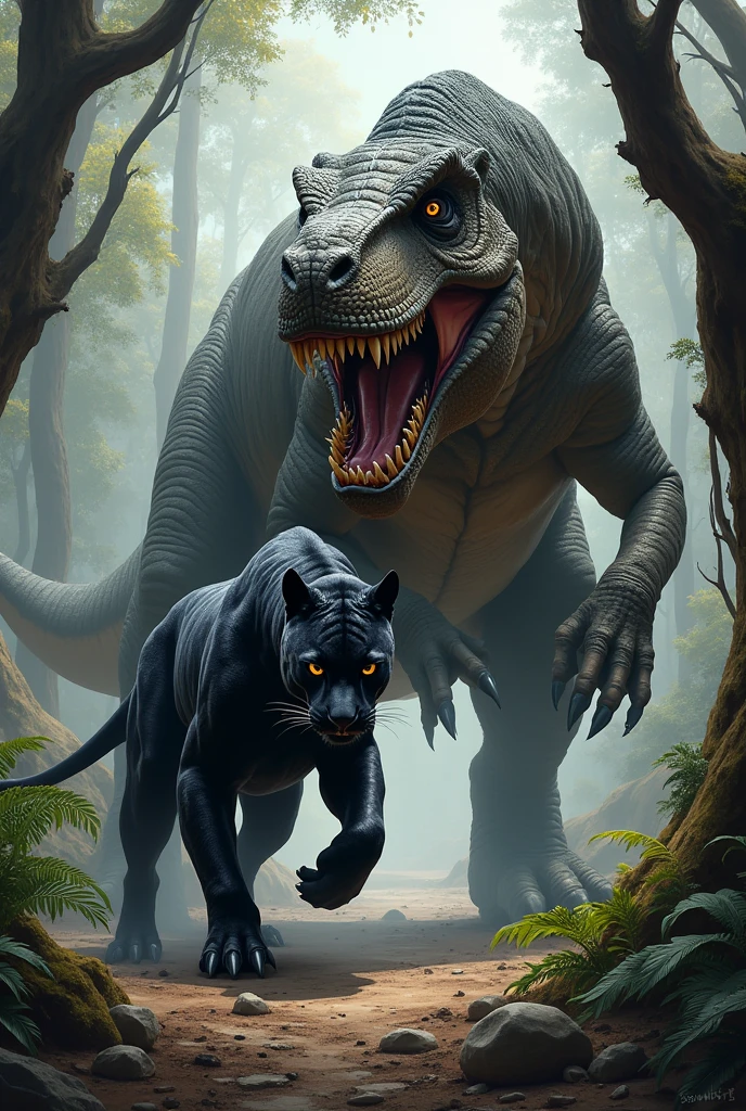 Black panther killed the dinosaur and killed his paw
